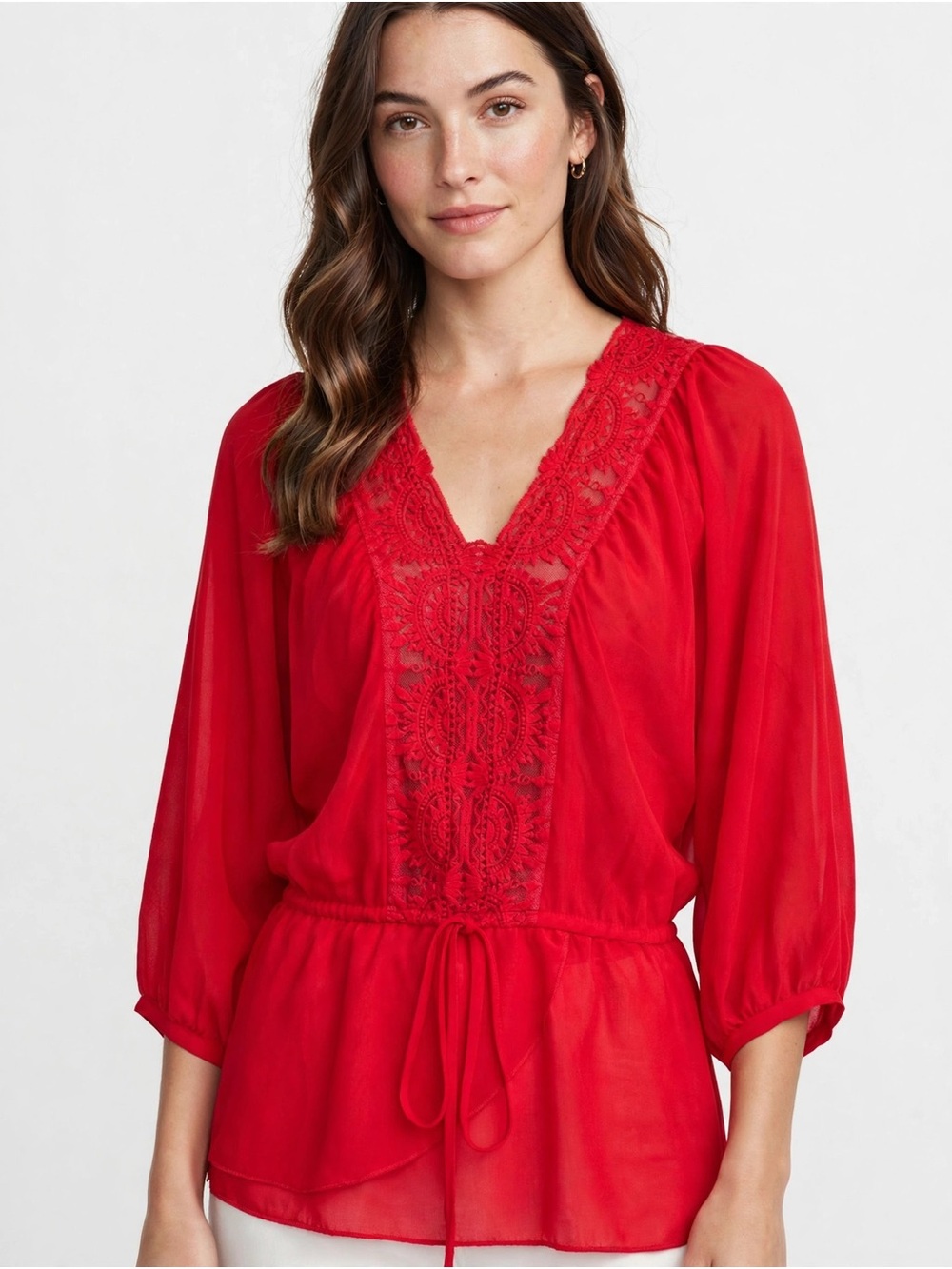 Studio Y Red Lace-Trim V-Neck Peasant Blouse